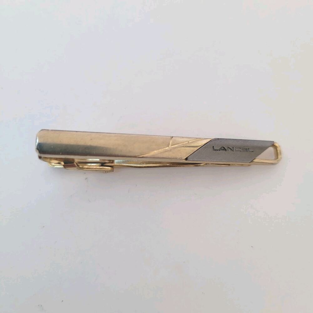 Lancel Two Tone Tie Clasp Tack Clip‎ Bar Silver Gray Gold French Designer